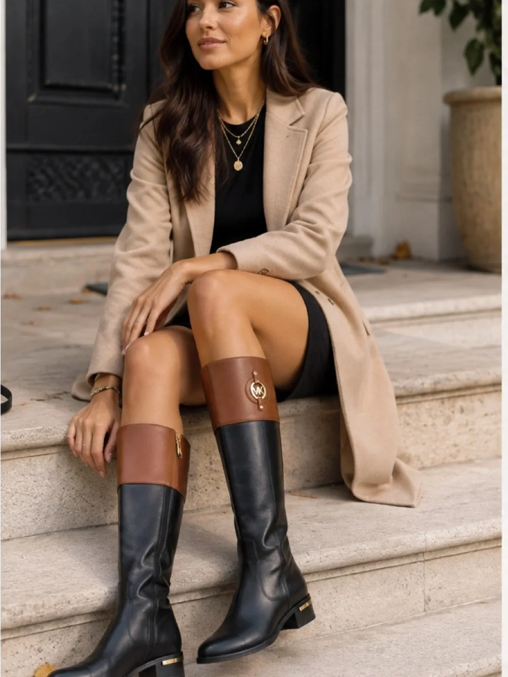 Michael Kors Black and Brown Leather Tall Riding Boots with Logo Accent